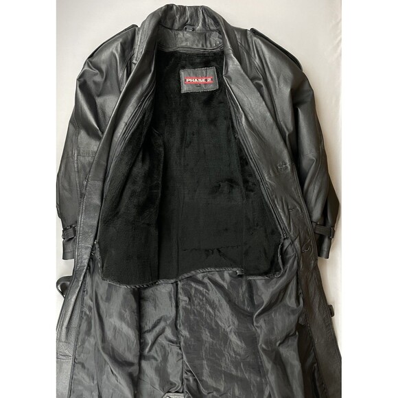 Phase 2 Long Leather Double Breast Trench Coat Men’s Large Black Zip Liner Goth - Picture 7 of 16